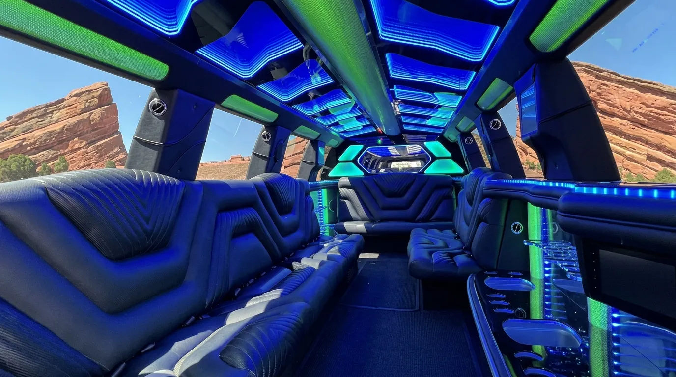 Inside the Chevy Suburban limo in Cheyenne: LED light-show ceiling, leather lounge seating and lit bar