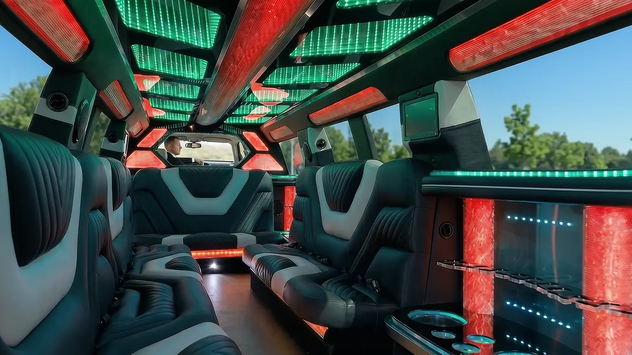 Mercedes GLS stretch limo interior with color-changing lights and wrap-around leather seating