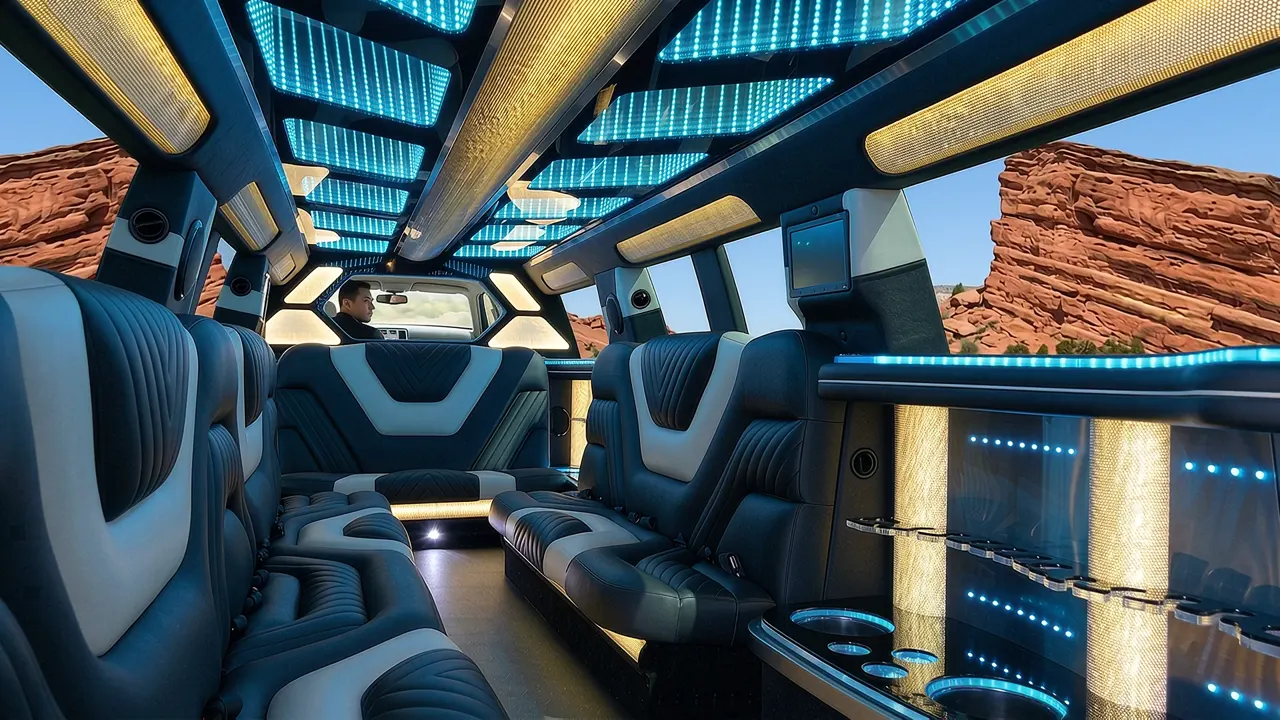Inside the Mercedes GLS limo in Cheyenne: LED light-show ceiling, leather lounge seating and lit bar